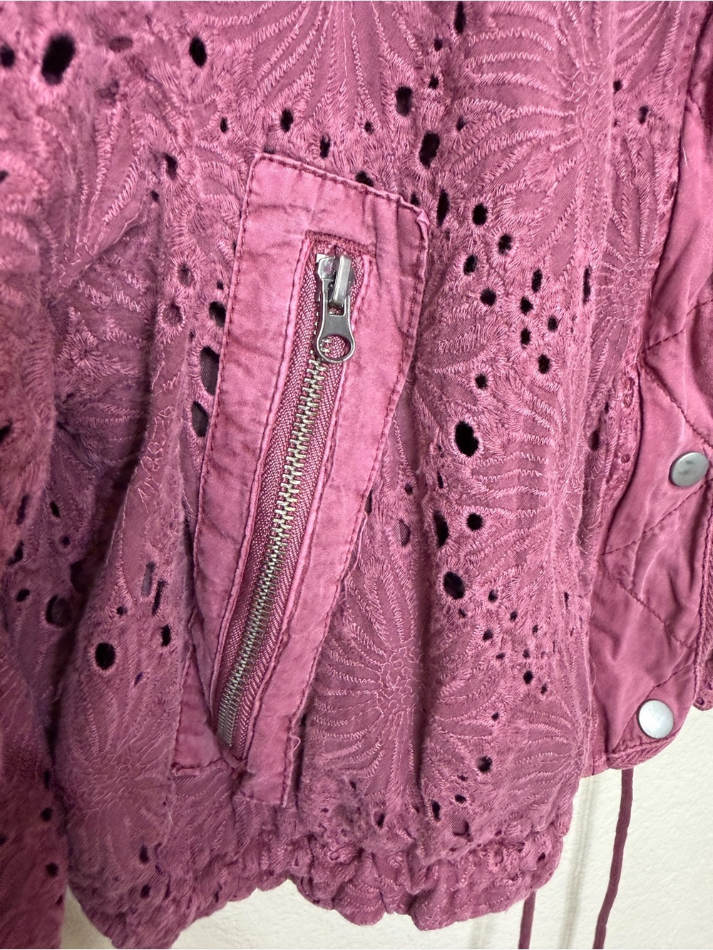 Free People Daisy Jane Bomber Jacket Eyelet Raspberry Purple Slouchy Oversized S - Picture 7 of 16